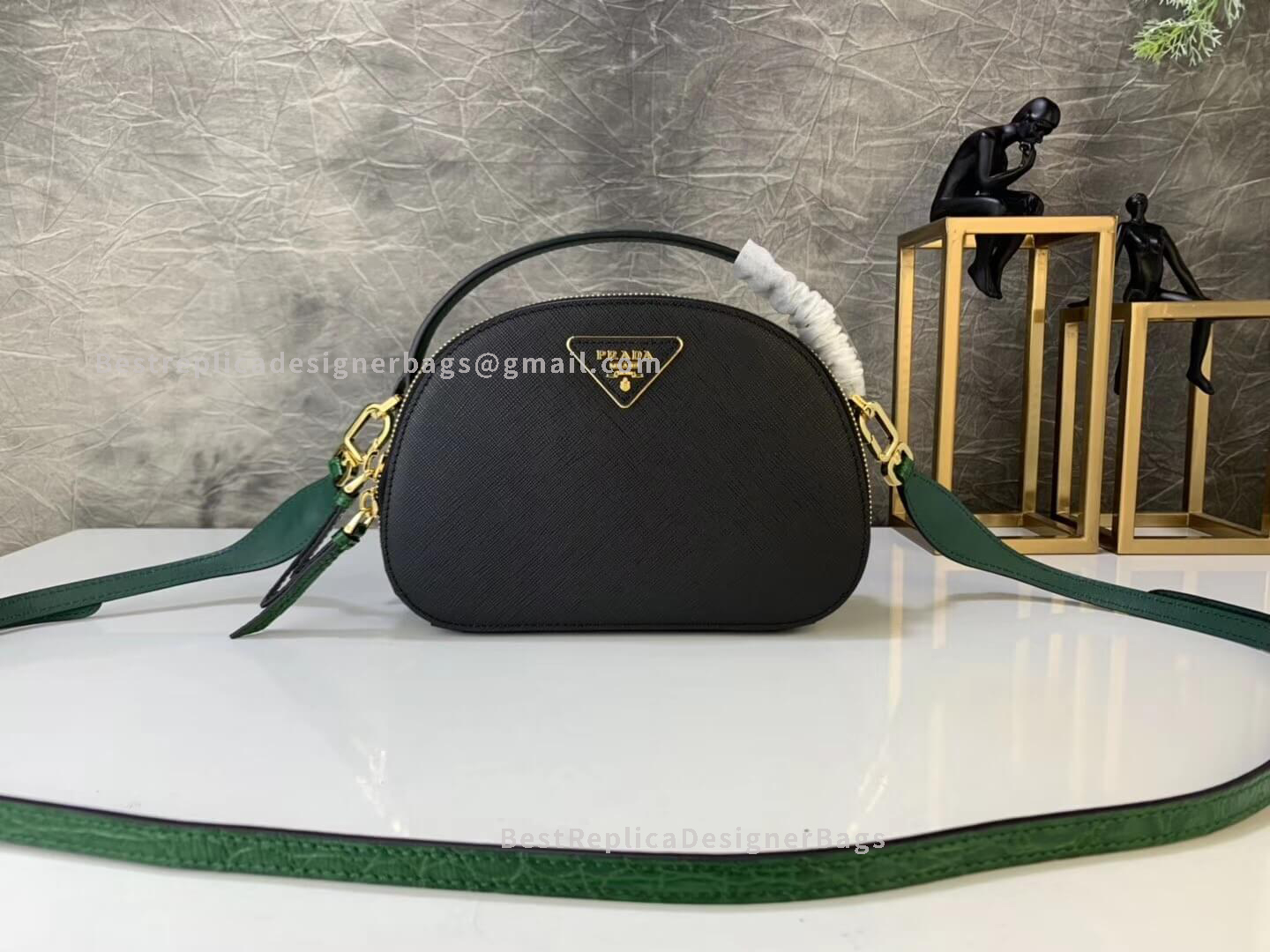 Prada Black And Green Odette Saffiano Leather Bag With Crocodile Effect Strap 123